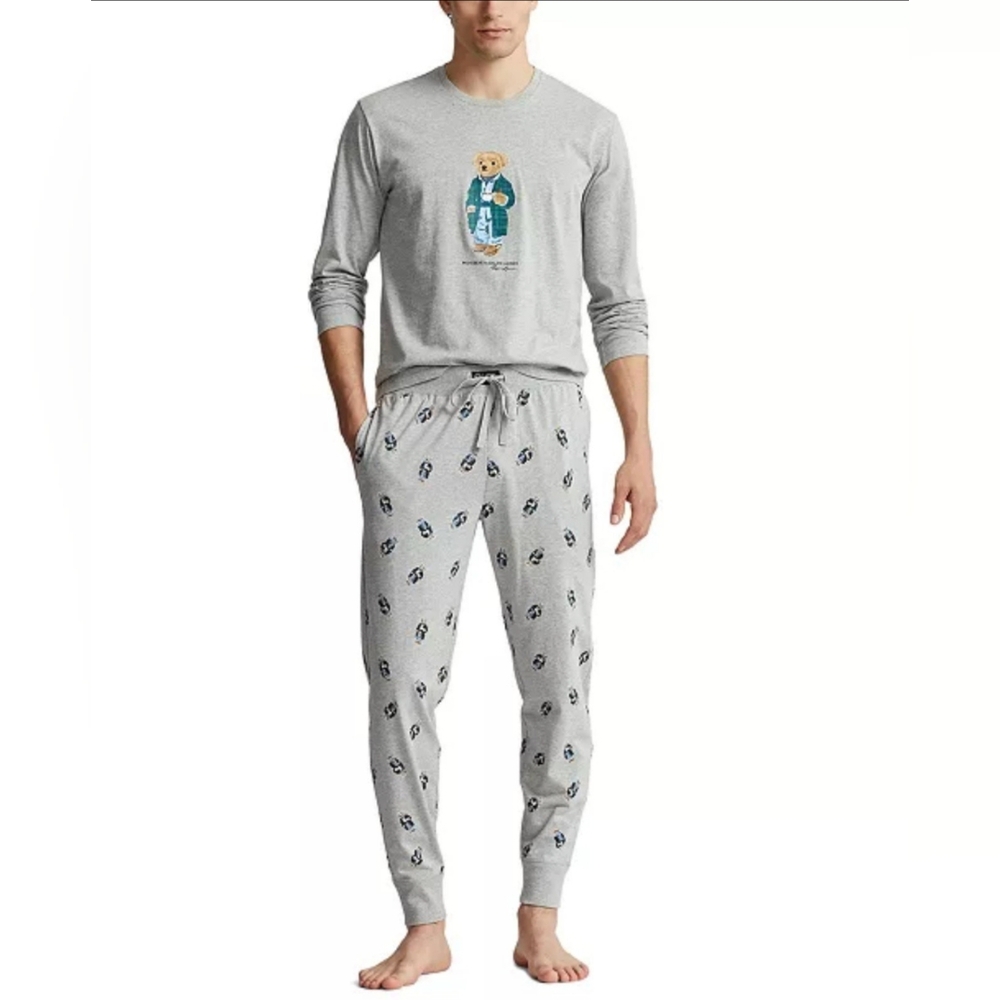 Polo Ralph Lauren Polo Bear Jogger Pajamas Set Size M/MED Heather Grey With Bear